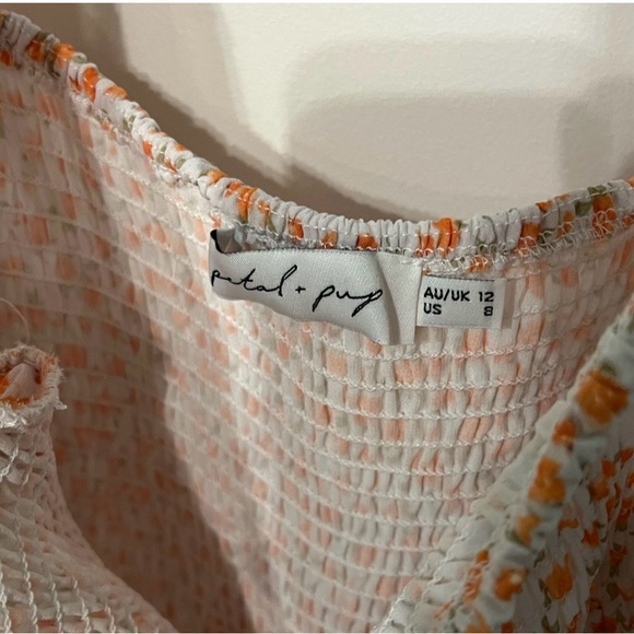 Petal + Pup Floral Smocked Midi Dress Square Neck Ruffle Sleeve Pink Orange - Picture 3 of 4